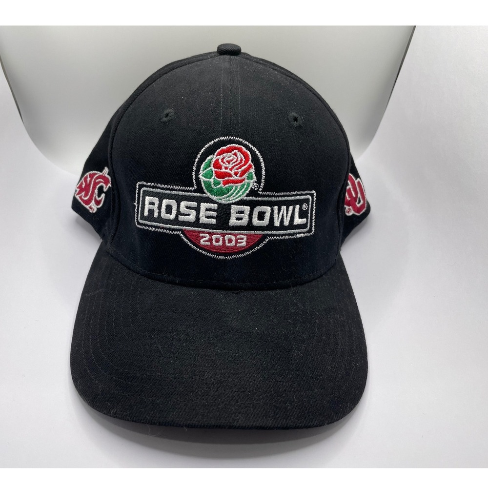 Vintage 2003 Rose Bowl Hat WSU Cougars vs Oklahoma Sooners Black Stretch Fit Cap